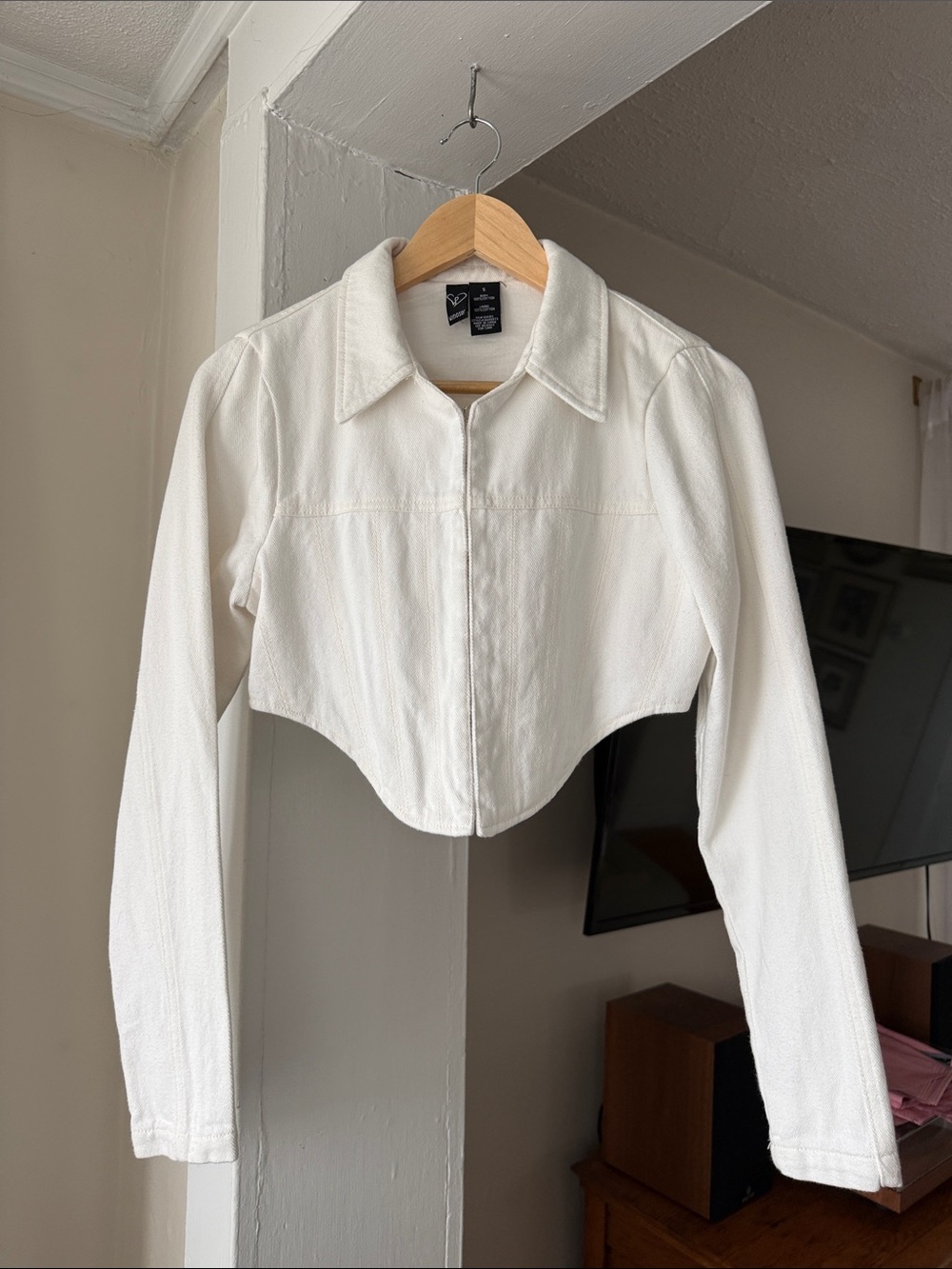 Windsor White Cropped Denim Corset Jacket Hook Front Size Small Y2K